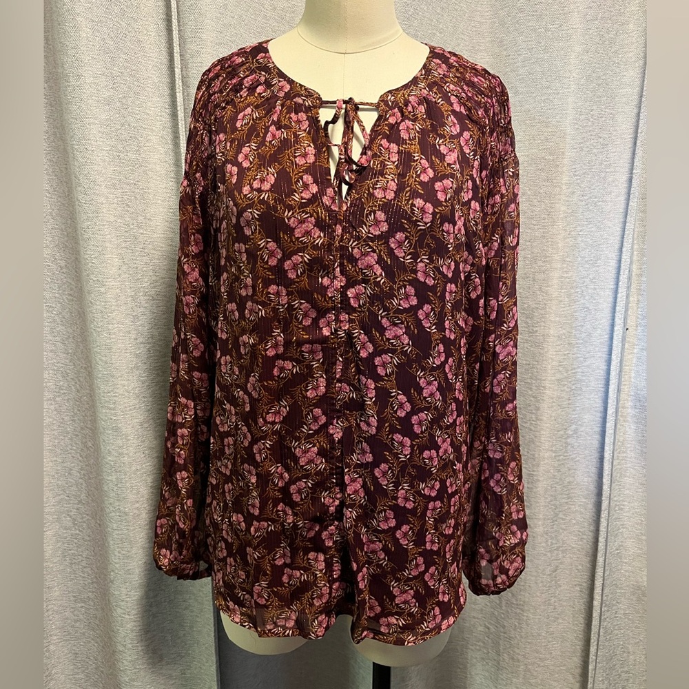 LOFT Floral Tie-Front Blouse - Pink and Burgundy